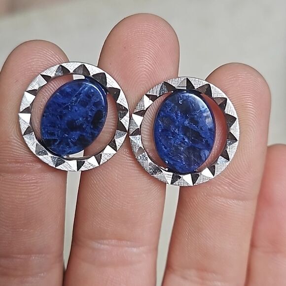 Vintage Genuine Sodalite Blue Natural Gemstone Cufflinks Tie Tack Set - Picture 3 of 7